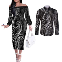Polynesia Plumeria Lei Couples Matching Off The Shoulder Long Sleeve Dress and Long Sleeve Button Shirt Black Curves Motif