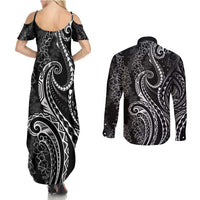 Polynesia Plumeria Lei Couples Matching Summer Maxi Dress and Long Sleeve Button Shirt Black Curves Motif