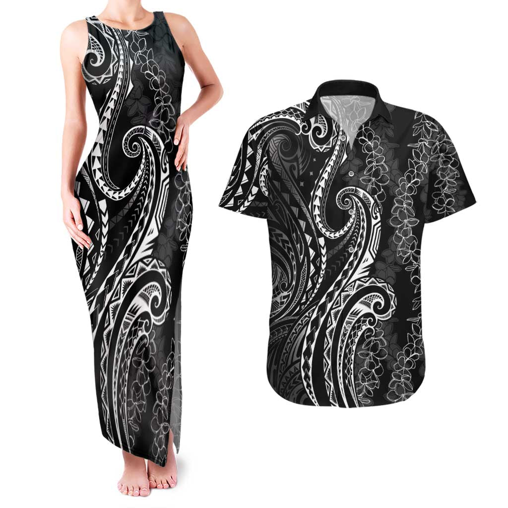 Polynesia Plumeria Lei Couples Matching Tank Maxi Dress and Hawaiian Shirt Black Curves Motif