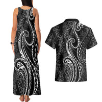 Polynesia Plumeria Lei Couples Matching Tank Maxi Dress and Hawaiian Shirt Black Curves Motif