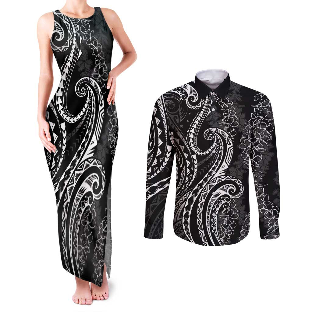 Polynesia Plumeria Lei Couples Matching Tank Maxi Dress and Long Sleeve Button Shirt Black Curves Motif