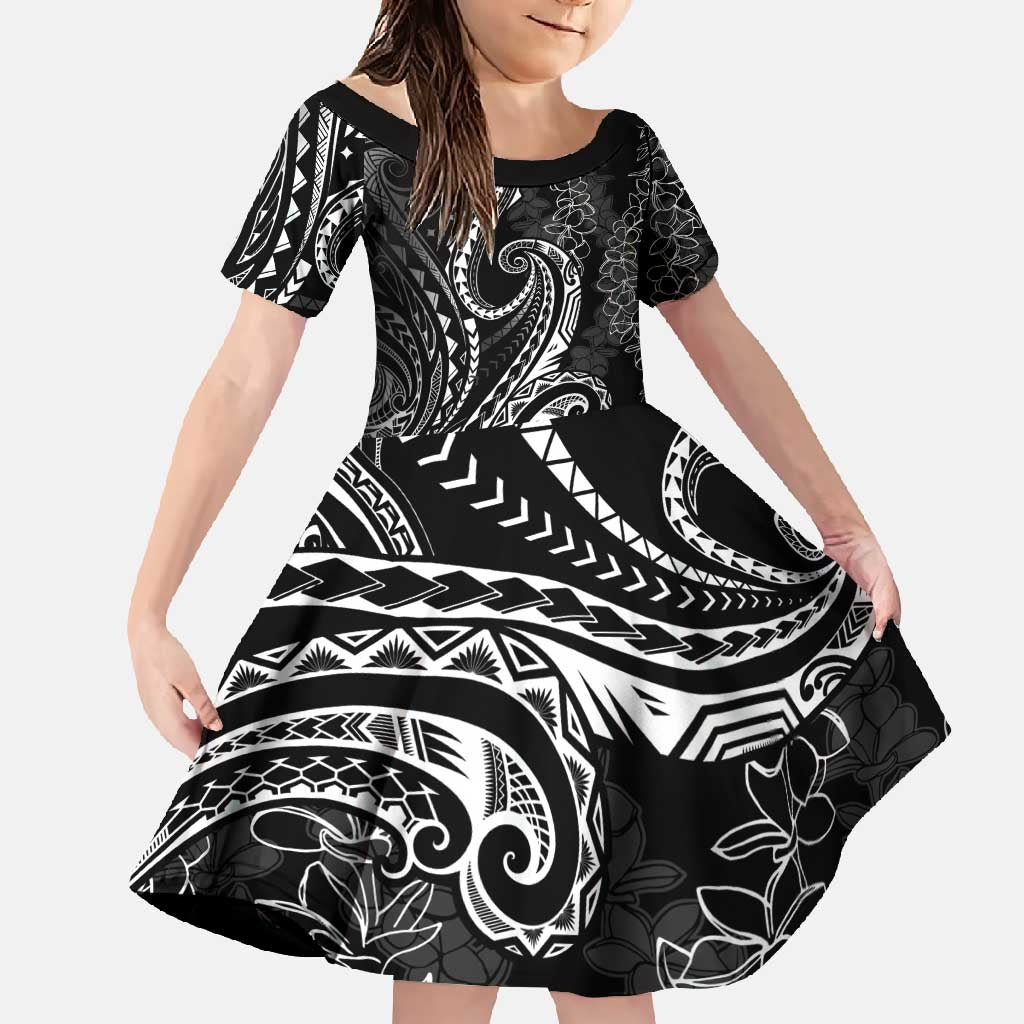 Polynesia Plumeria Lei Family Matching Long Sleeve Bodycon Dress and Hawaiian Shirt Black Curves Motif LT7 Daughter's Dress Black - Polynesian Pride