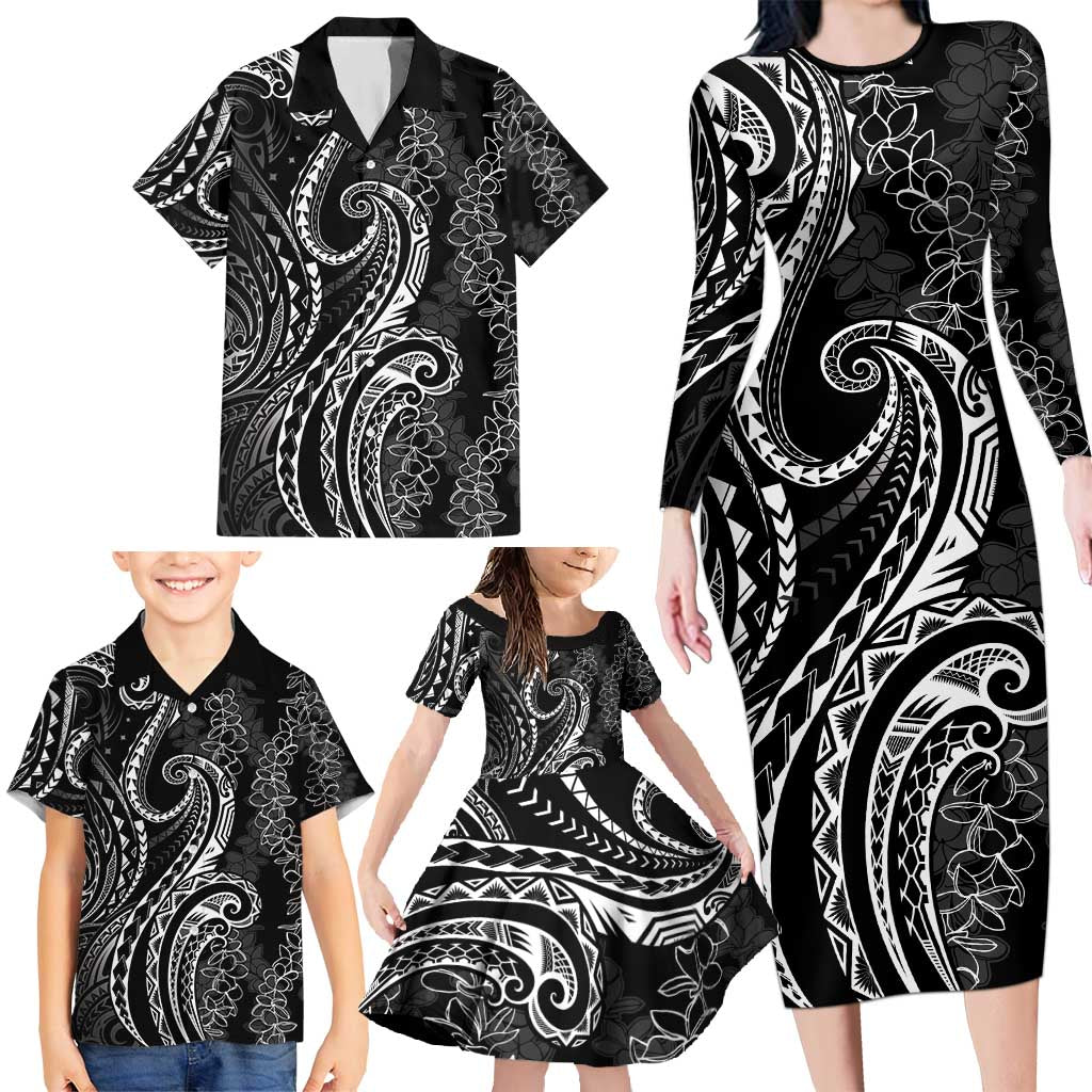 Polynesia Plumeria Lei Family Matching Long Sleeve Bodycon Dress and Hawaiian Shirt Black Curves Motif LT7 - Polynesian Pride