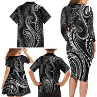 Polynesia Plumeria Lei Family Matching Long Sleeve Bodycon Dress and Hawaiian Shirt Black Curves Motif LT7 - Polynesian Pride
