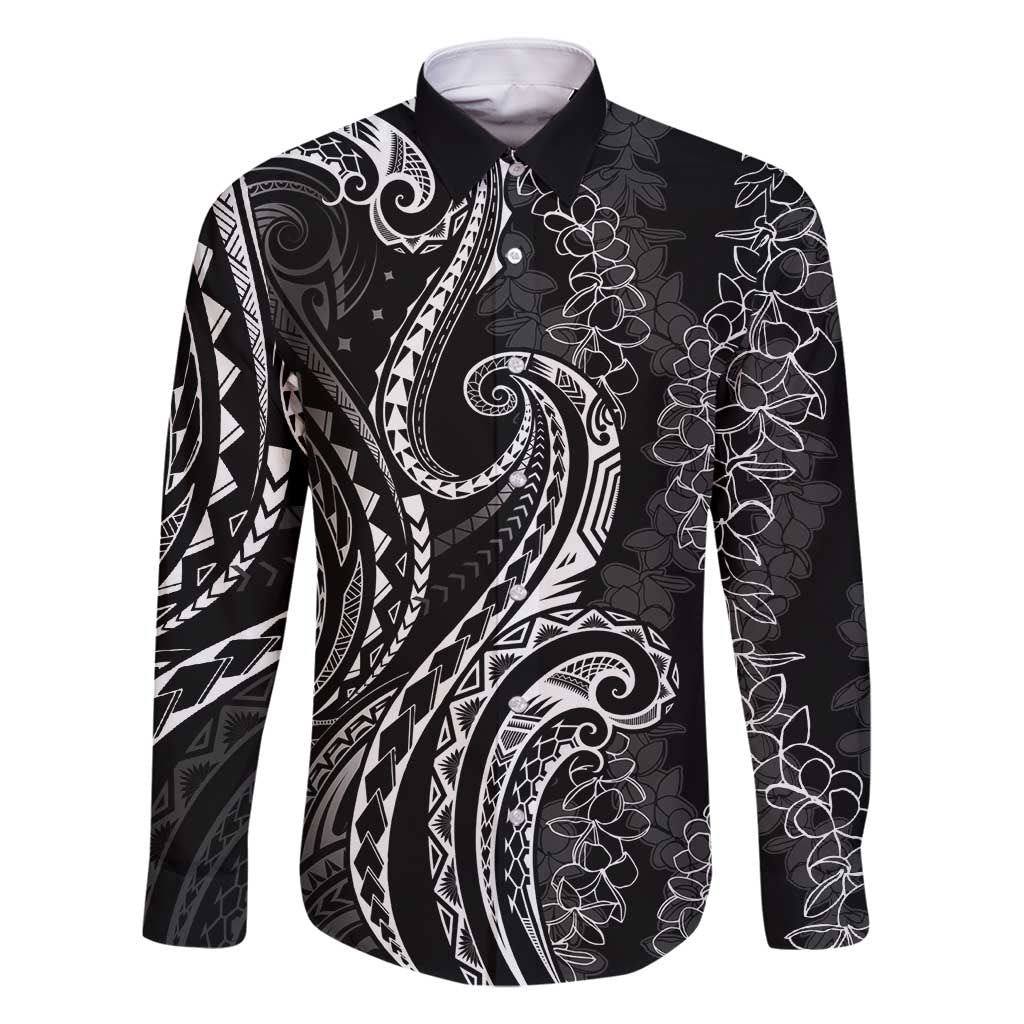 Polynesia Plumeria Lei Family Matching Long Sleeve Bodycon Dress and Hawaiian Shirt Black Curves Motif LT7 Dad's Shirt - Long Sleeve Black - Polynesian Pride