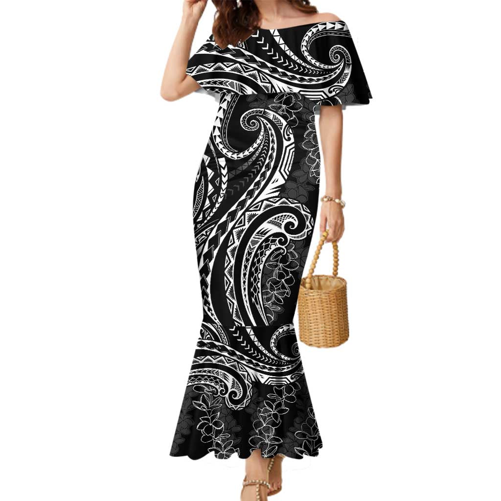 Polynesia Plumeria Lei Family Matching Mermaid Dress and Hawaiian Shirt Black Curves Motif LT7 Mom's Dress Black - Polynesian Pride