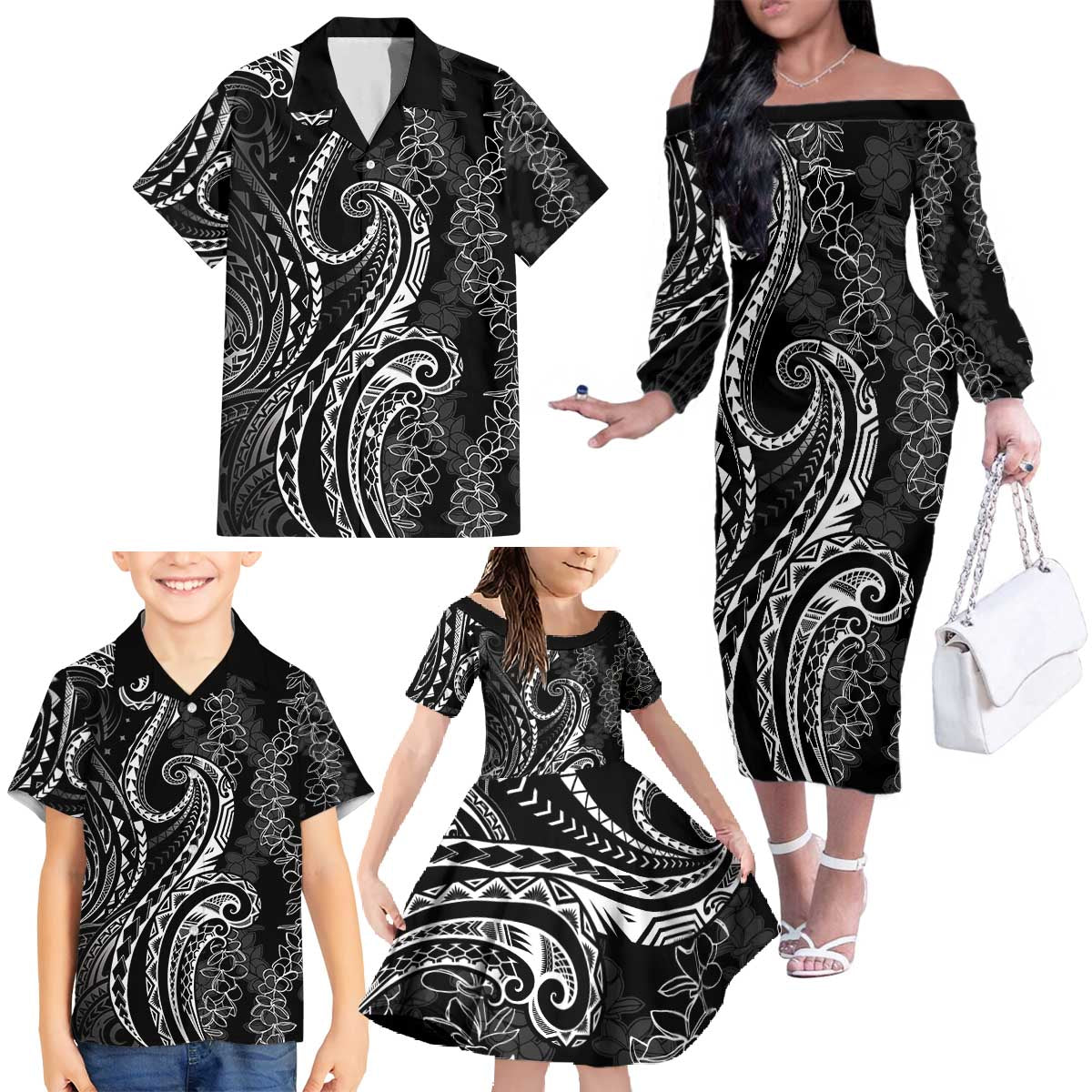Polynesia Plumeria Lei Family Matching Off The Shoulder Long Sleeve Dress and Hawaiian Shirt Black Curves Motif