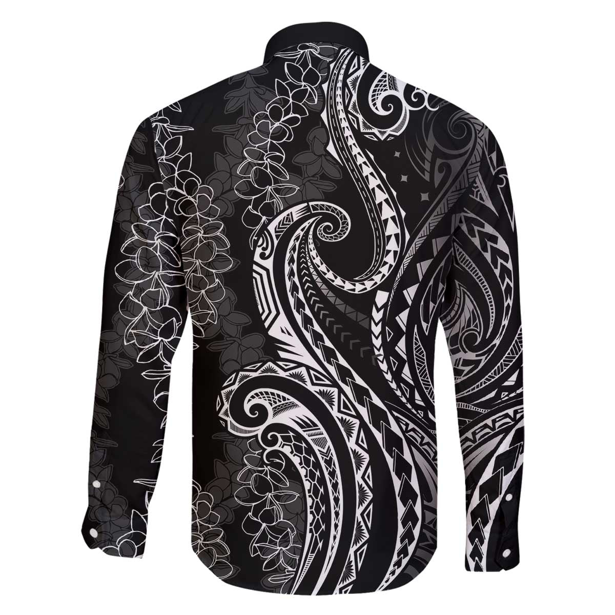 Polynesia Plumeria Lei Family Matching Off The Shoulder Long Sleeve Dress and Hawaiian Shirt Black Curves Motif