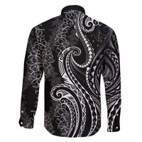 Polynesia Plumeria Lei Family Matching Off The Shoulder Long Sleeve Dress and Hawaiian Shirt Black Curves Motif