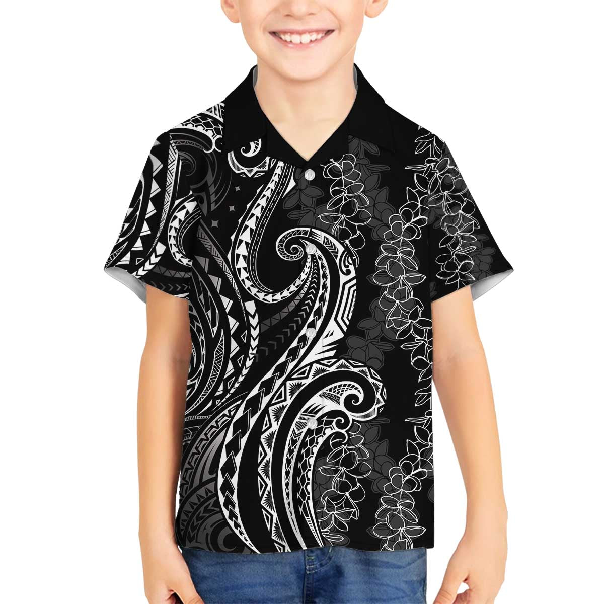 Polynesia Plumeria Lei Family Matching Off The Shoulder Long Sleeve Dress and Hawaiian Shirt Black Curves Motif