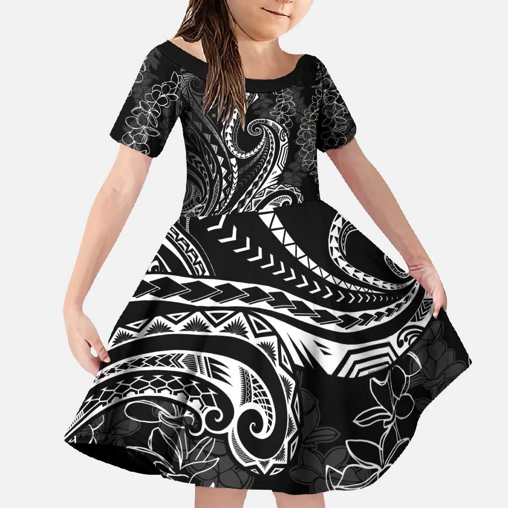 Polynesia Plumeria Lei Family Matching Off Shoulder Maxi Dress and Hawaiian Shirt Black Curves Motif LT7 Daughter's Dress Black - Polynesian Pride