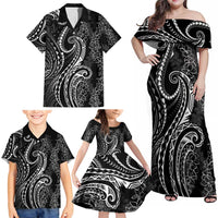Polynesia Plumeria Lei Family Matching Off Shoulder Maxi Dress and Hawaiian Shirt Black Curves Motif LT7 - Polynesian Pride
