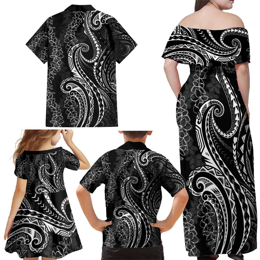 Polynesia Plumeria Lei Family Matching Off Shoulder Maxi Dress and Hawaiian Shirt Black Curves Motif LT7 - Polynesian Pride