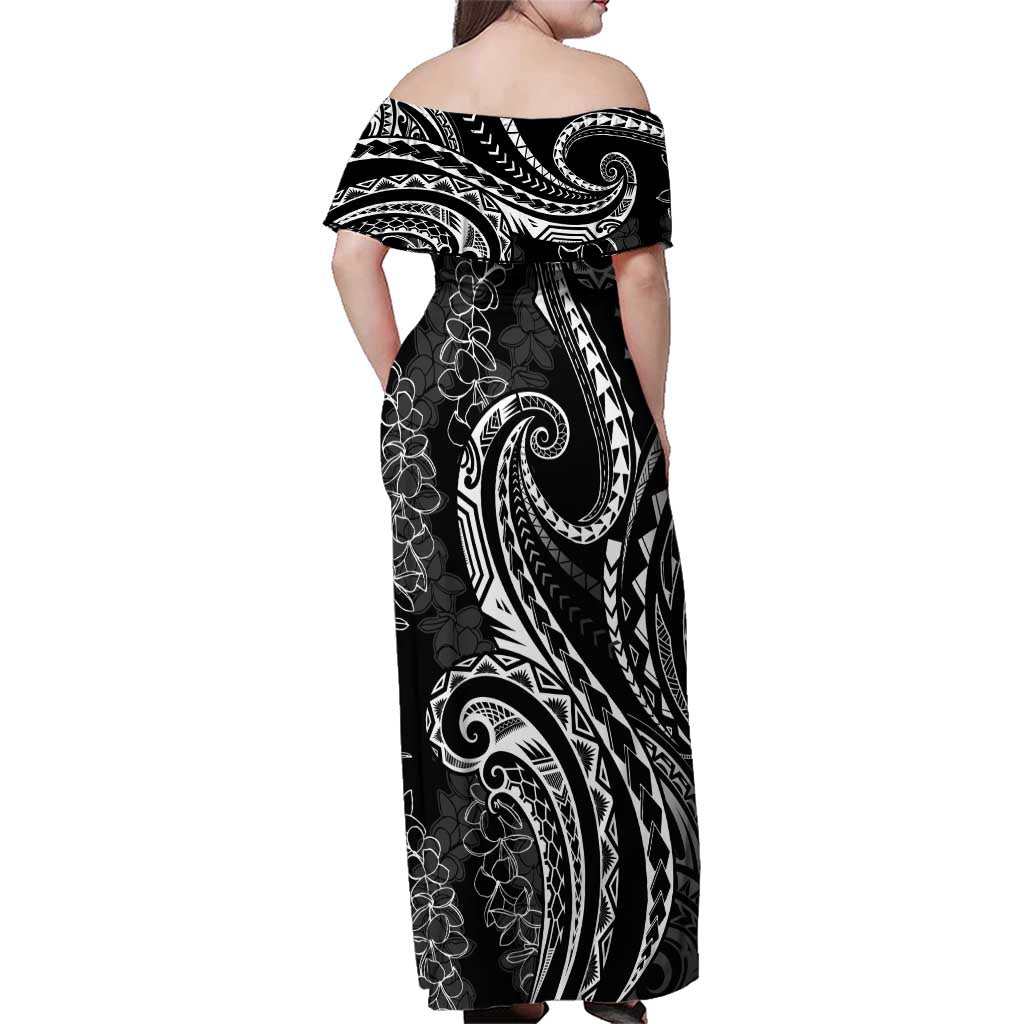 Polynesia Plumeria Lei Family Matching Off Shoulder Maxi Dress and Hawaiian Shirt Black Curves Motif LT7 - Polynesian Pride
