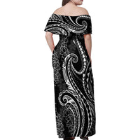 Polynesia Plumeria Lei Family Matching Off Shoulder Maxi Dress and Hawaiian Shirt Black Curves Motif LT7 - Polynesian Pride