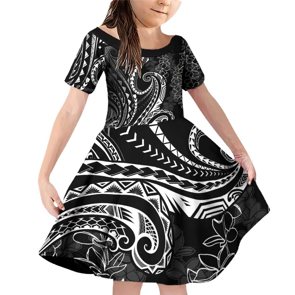 Polynesia Plumeria Lei Family Matching Off Shoulder Short Dress and Hawaiian Shirt Black Curves Motif