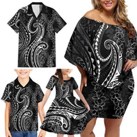 Polynesia Plumeria Lei Family Matching Off Shoulder Short Dress and Hawaiian Shirt Black Curves Motif