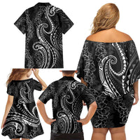 Polynesia Plumeria Lei Family Matching Off Shoulder Short Dress and Hawaiian Shirt Black Curves Motif