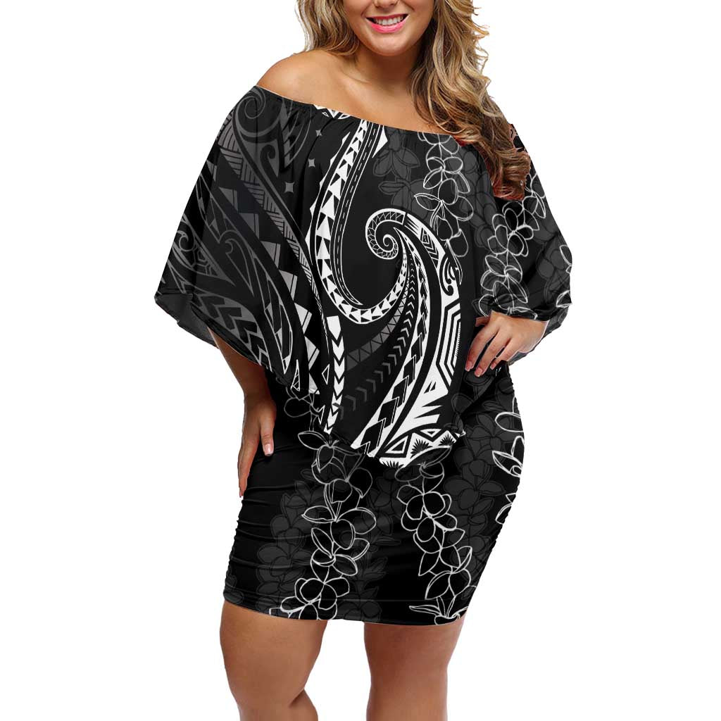Polynesia Plumeria Lei Family Matching Off Shoulder Short Dress and Hawaiian Shirt Black Curves Motif
