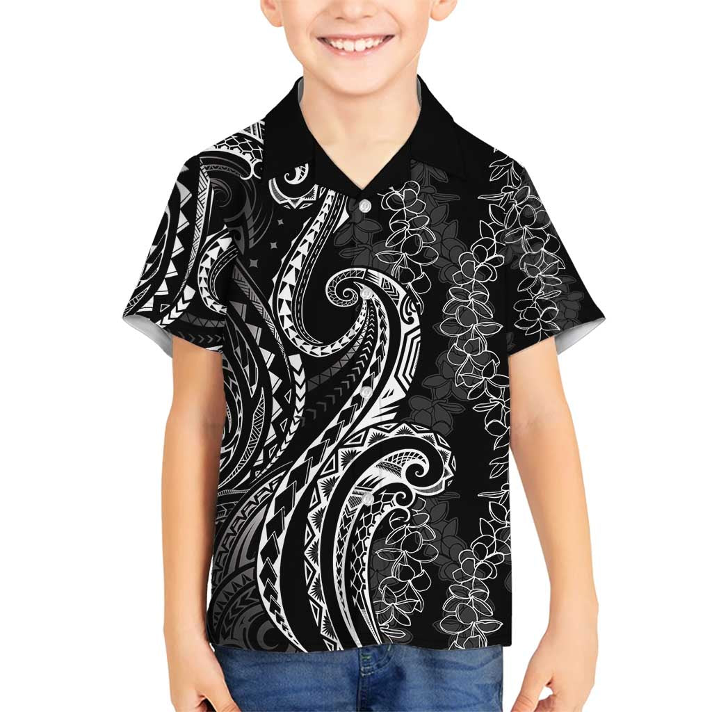 Polynesia Plumeria Lei Family Matching Off Shoulder Short Dress and Hawaiian Shirt Black Curves Motif