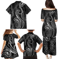 Polynesia Plumeria Lei Family Matching Puletasi and Hawaiian Shirt Black Curves Motif