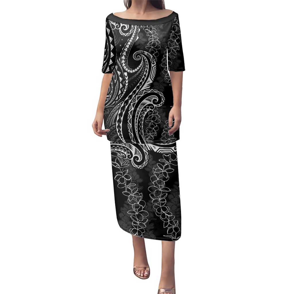 Polynesia Plumeria Lei Family Matching Puletasi and Hawaiian Shirt Black Curves Motif