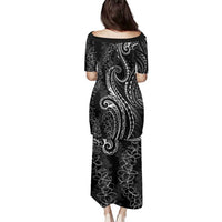 Polynesia Plumeria Lei Family Matching Puletasi and Hawaiian Shirt Black Curves Motif