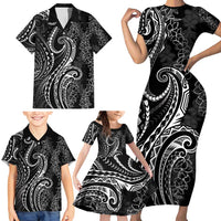 Polynesia Plumeria Lei Family Matching Short Sleeve Bodycon Dress and Hawaiian Shirt Black Curves Motif LT7 - Polynesian Pride