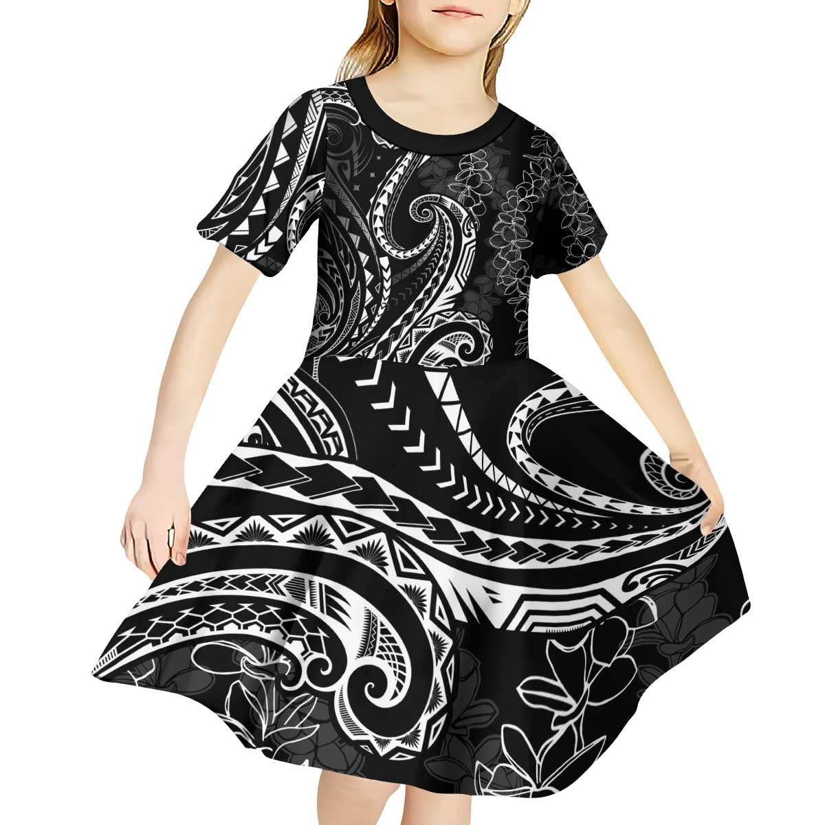 Polynesia Plumeria Lei Kid Short Sleeve Dress Black Curves Motif