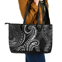 Polynesia Plumeria Lei Leather Tote Bag Black Curves Motif