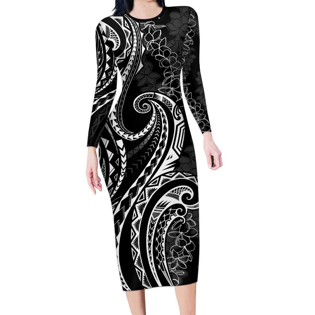 Polynesia Plumeria Lei Long Sleeve Bodycon Dress Black Curves Motif