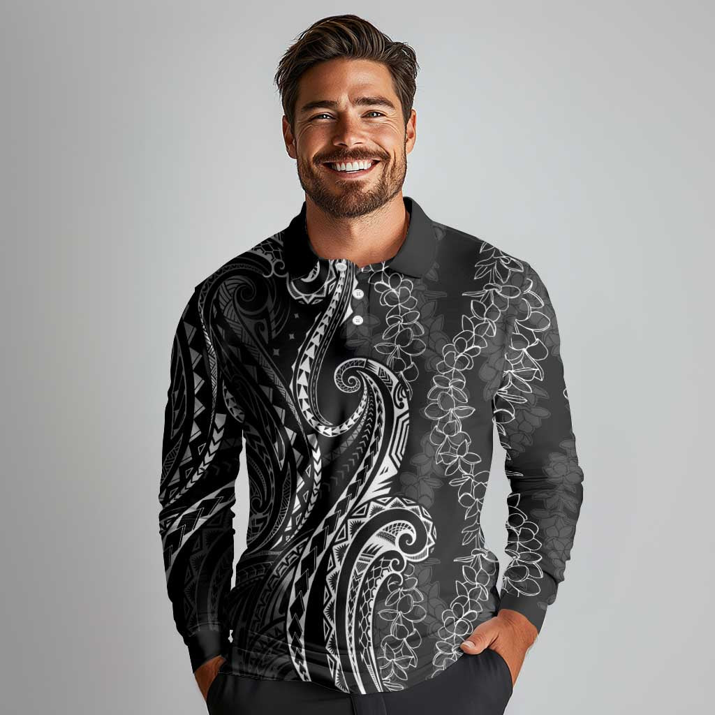 Polynesia Plumeria Lei Long Sleeve Polo Shirt Black Curves Motif