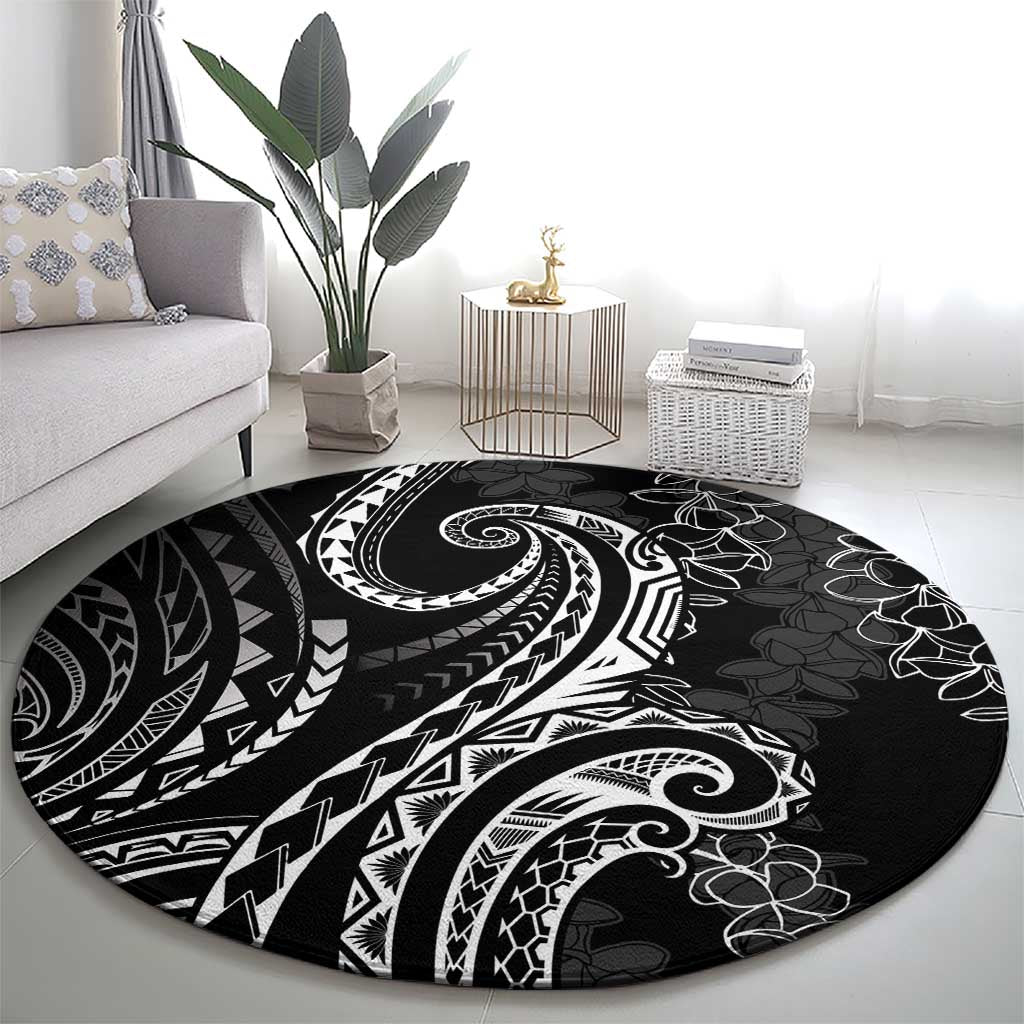 Polynesia Plumeria Lei Round Carpet Black Curves Motif