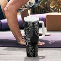 Polynesia Plumeria Lei Tumbler With Handle Black Curves Motif