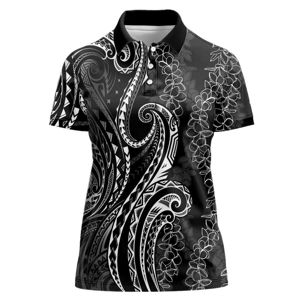 Polynesia Plumeria Lei Women Polo Shirt Black Curves Motif