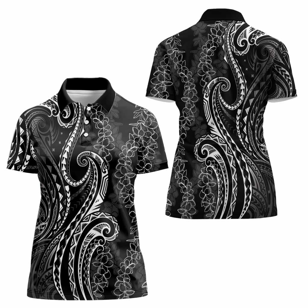 Polynesia Plumeria Lei Women Polo Shirt Black Curves Motif