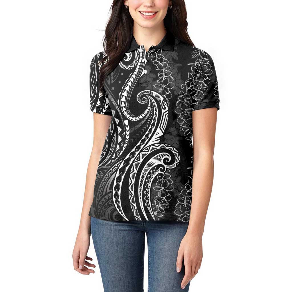 Polynesia Plumeria Lei Women Polo Shirt Black Curves Motif