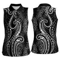 Polynesia Plumeria Lei Women Sleeveless Polo Shirt Black Curves Motif