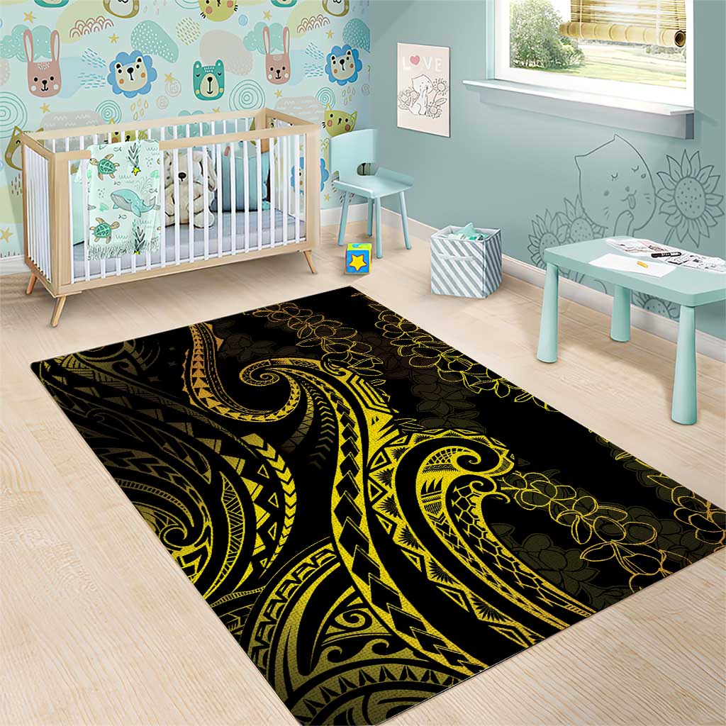 Polynesia Plumeria Lei Area Rug Black Gold Curves Motif