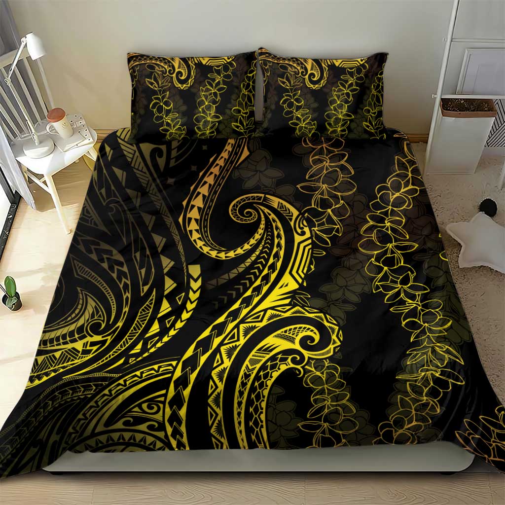 Polynesia Plumeria Lei Bedding Set Black Gold Curves Motif
