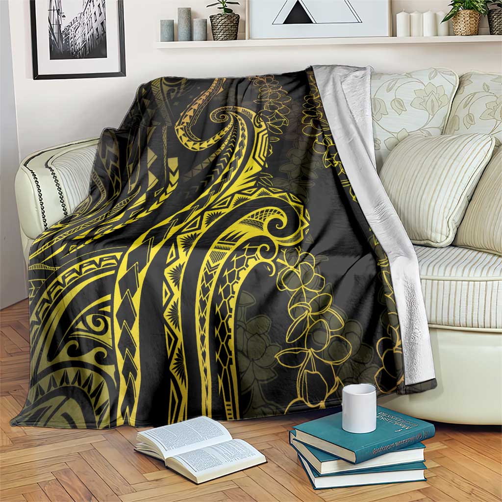 Polynesia Plumeria Lei Blanket Black Gold Curves Motif