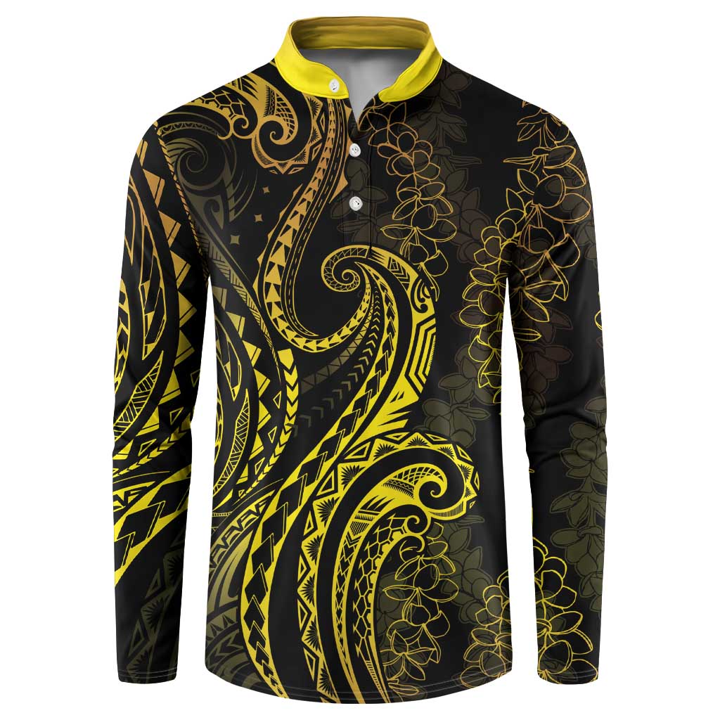 Polynesia Plumeria Lei Button Sweatshirt Black Gold Curves Motif