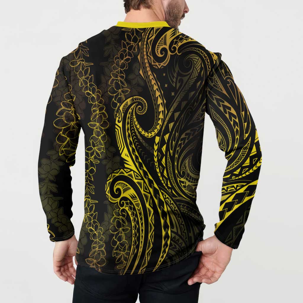 Polynesia Plumeria Lei Button Sweatshirt Black Gold Curves Motif