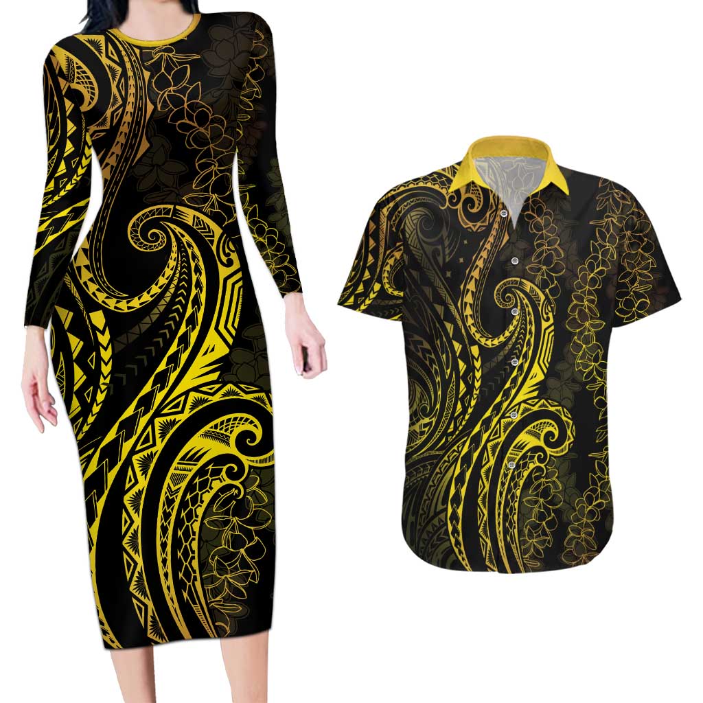 Polynesia Plumeria Lei Couples Matching Long Sleeve Bodycon Dress and Hawaiian Shirt Black Gold Curves Motif