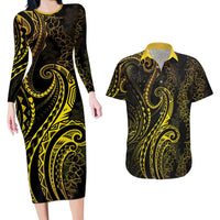 Polynesia Plumeria Lei Couples Matching Long Sleeve Bodycon Dress and Hawaiian Shirt Black Gold Curves Motif
