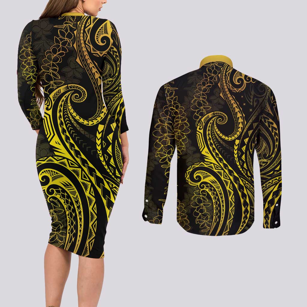 Polynesia Plumeria Lei Couples Matching Long Sleeve Bodycon Dress and Long Sleeve Button Shirt Black Gold Curves Motif