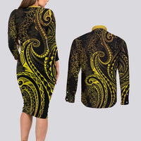 Polynesia Plumeria Lei Couples Matching Long Sleeve Bodycon Dress and Long Sleeve Button Shirt Black Gold Curves Motif
