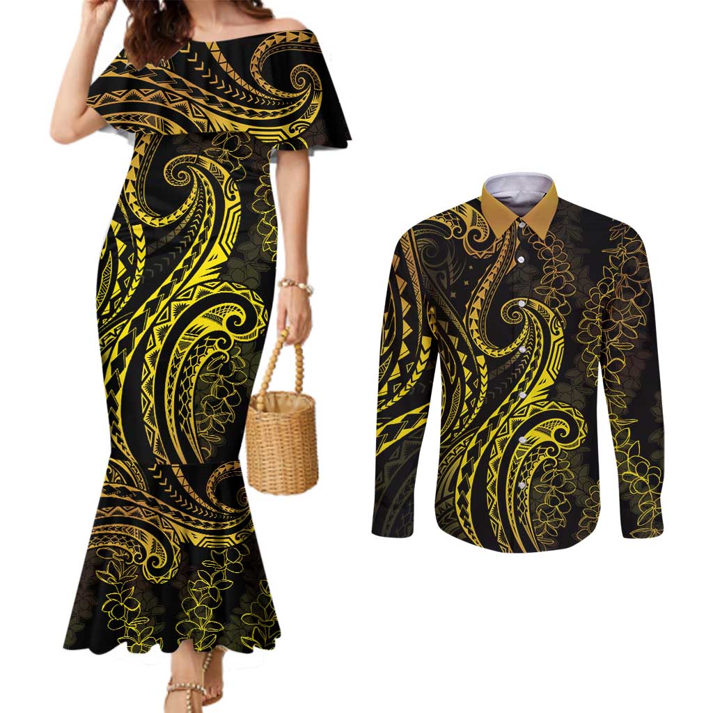 Polynesia Plumeria Lei Couples Matching Mermaid Dress and Long Sleeve Button Shirt Black Gold Curves Motif