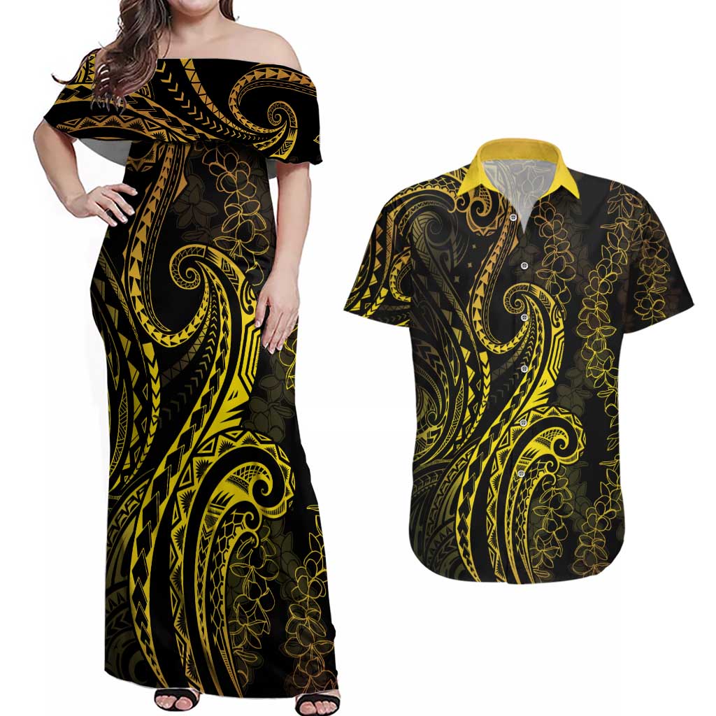 Polynesia Plumeria Lei Couples Matching Off Shoulder Maxi Dress and Hawaiian Shirt Black Gold Curves Motif