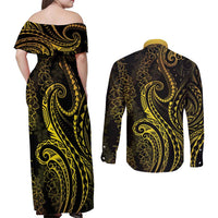 Polynesia Plumeria Lei Couples Matching Off Shoulder Maxi Dress and Long Sleeve Button Shirt Black Gold Curves Motif
